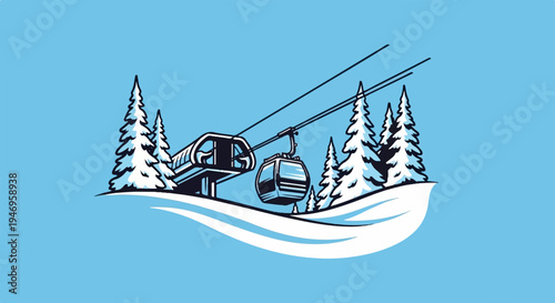 Stylized illustration of a winter mountain scene gondola lift, snow-covered pine trees, and hills