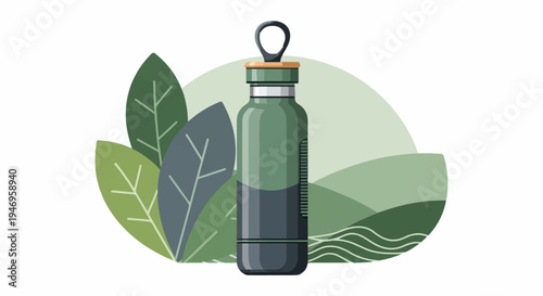 Illustration of a green reusable water bottle with a wooden lid, surrounded by various leaves and hills
