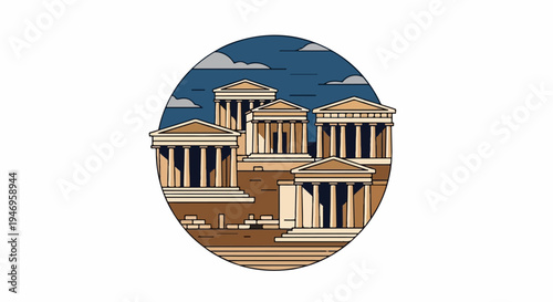 A cartoon illustration of ancient temples with classical columns under a cloudy sky, depicted within an oval shape
