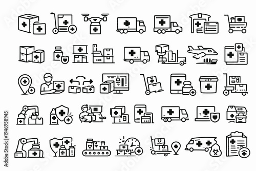 Collection of icons depicting various logistics and emergency delivery services