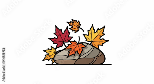 Cartoon illustration of a gray rock with vibrant red, orange, and yellow maple leaves scattered around it