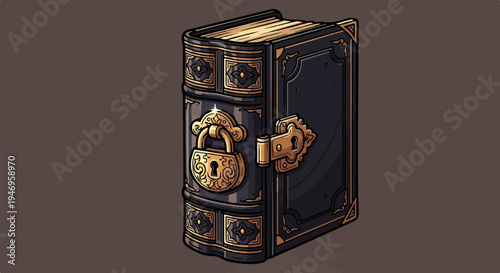 Ornate dark book with gold accents, secured by a decorative gold padlock. Pixel art style, mystical object