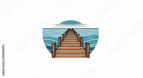 An illustration of a wooden pier stretching into calm blue water under a stylized sky with a sun