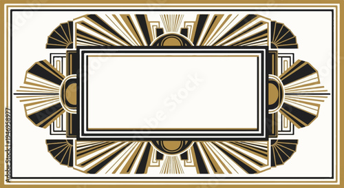 Elegant Art Deco style frame with geometric sunburst patterns in black, gold, and white, featuring a central blank space