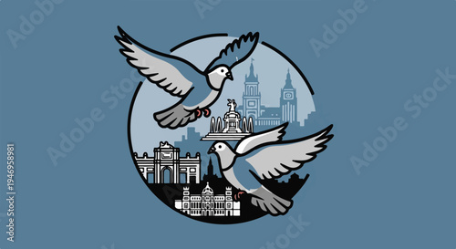 Two flying pigeons in a blue-gray circle, against a stylized cityscape featuring historical landmarks