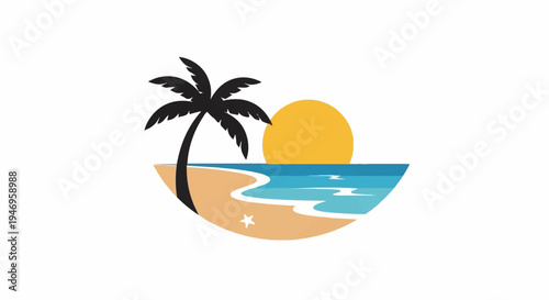 Stylized tropical beach scene with a palm tree, ocean waves, sandy shore, starfish, and a bright sun