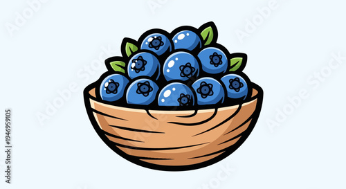 A vibrant cartoon illustration featuring a rustic wooden bowl overflowing with fresh, ripe blue blueberries and green leaves
