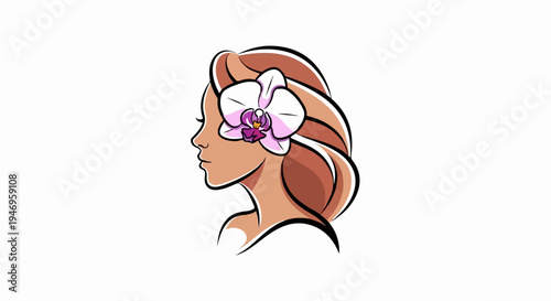 Stylized side profile of a woman with flowing brown hair, an elegant white and purple orchid tucked behind her ear