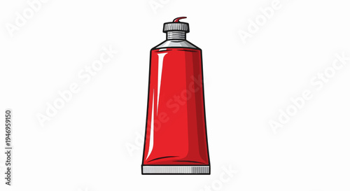 Vibrant red paint tube with a grey cap and a small red curl of paint emerging, on a white background