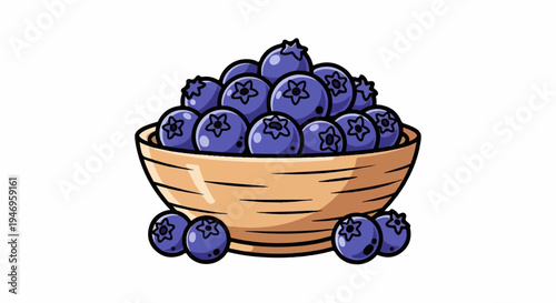 An illustration of a wooden bowl overflowing with vibrant blue blueberries, with a few berries scattered below