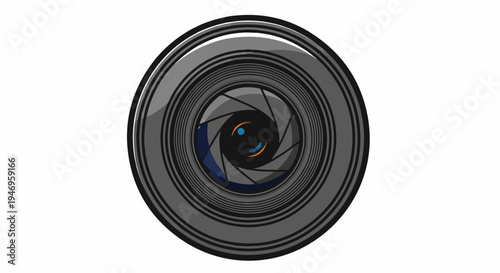 A stylized illustration of a camera lens with an aperture mechanism open, showing blue and orange elements inside