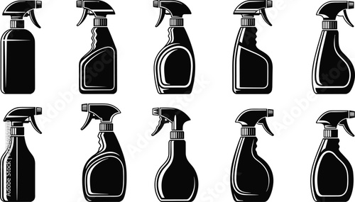Set of ten black and white spray bottle icons for cleaning products, disinfectant liquid, chemical sprayers, and household hygiene silhouette illustrations