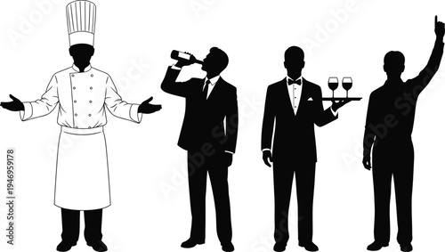 Set of silhouettes representing professional restaurant staff including chef, waiter with tray, man drinking from bottle, and a person cheering