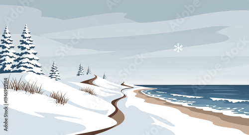 Winter beach illustration with snow-covered evergreens, a winding path, ocean waves, and a snowflake