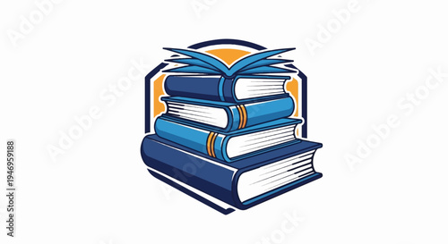An illustration of a stack of five blue and white books within a decorative shield with an orange background
