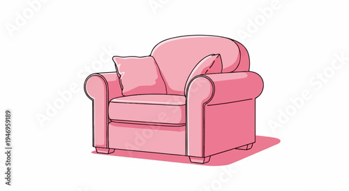 A cozy, brightly colored pink armchair with a small pillow, depicted in a soft, inviting cartoon style