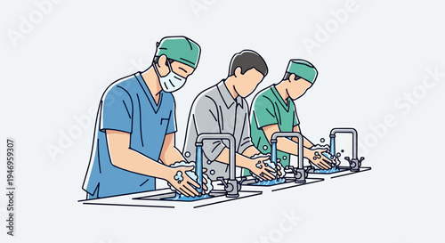 Illustration of three people, two in scrubs, washing hands vigorously with soap and water at sinks