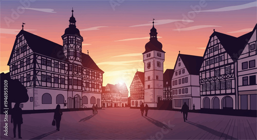 Pixel art illustration of a charming European town square at sunset with people strolling