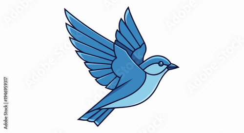 An illustration of a stylized blue bird with wings spread, flying gracefully across a white background