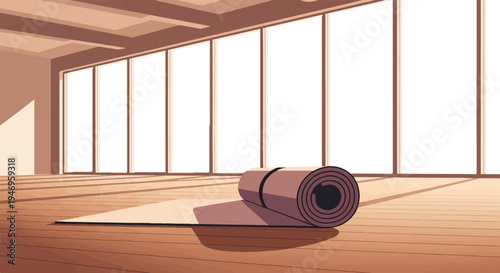 Pixel art of an unrolling yoga mat on a sunlit wooden floor in a minimalist studio with large windows