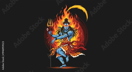 Stylized illustration of a blue-skinned deity dancing amidst flames, holding a trident, on a dark background