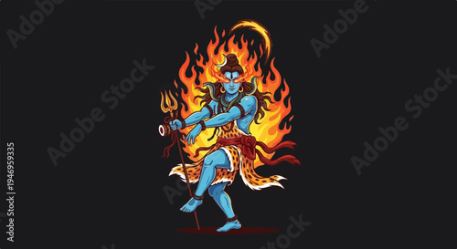 Vibrant blue deity dancing with a trident, surrounded by fiery aura, rendered in a distinct style