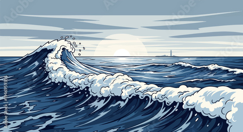 Pixel art depiction of large ocean waves crashing at sunset with a distant lighthouse under a cloudy sky