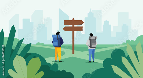 Hikers choosing direction signpost illustration, backpackers exploring nature park landscape, travel decision concept, outdoor adventure vector scene design