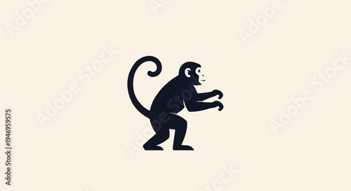 Stylized dark grey monkey illustration with a curled tail standing on all fours on a plain light background