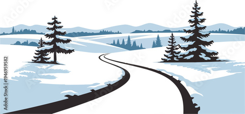 Winding path through a snow-covered winter landscape with evergreen trees and distant mountains under a pale sky