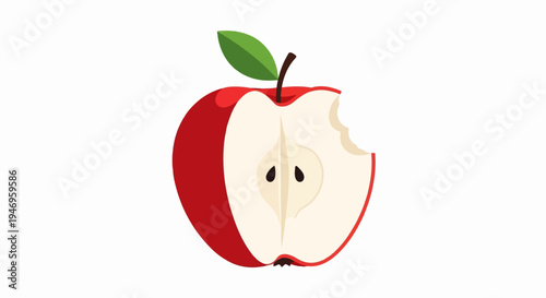 A vibrant red apple, half-eaten, with a crisp bite mark showing the white flesh and dark seeds