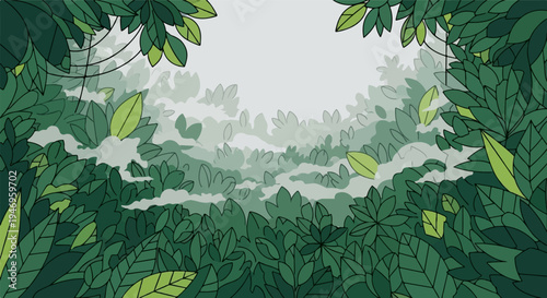 Animated illustration of lush green foliage and jungle plants creating a dense, natural frame around open space