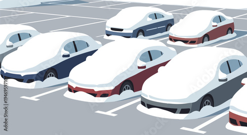 Several cars covered in thick snow are parked in a gray outdoor lot during a cold winter day