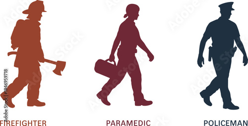 WebAFirefighter, paramedic, policeman, silhouettes, emergency, service, rescue, safety, professional, uniform, worker, protection, public, vector, illustration, people, security, hero, team, duty