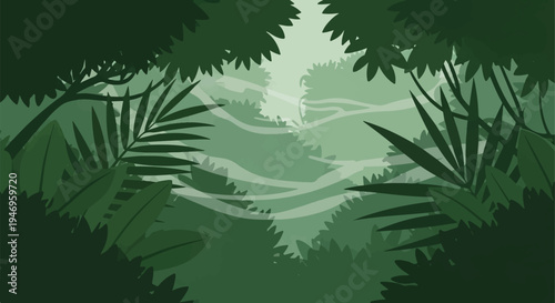 Flat, stylized illustration showing a vibrant green jungle with dense foliage and a bright, misty center