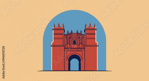 Stylized red arched gateway illustration, with architectural details, set against a blue sky on beige