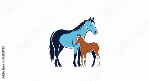 Illustrated adult horse in blue and dark blue standing beside a small brown foal on a white background
