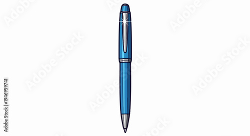 A detailed cartoon illustration of a sleek blue pen with silver clip and tip, on a white background