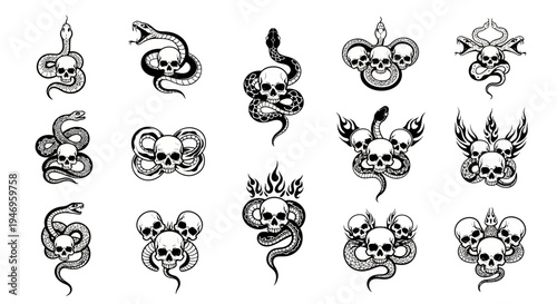 Gothic Snake and Skull Tattoo Designs - Black and White Vector Illustrations