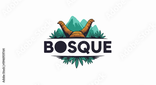 Stylized graphic with two long-necked brown creatures, green mountains, and foliage, centered with text