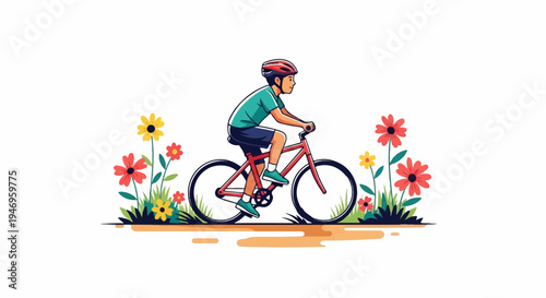 Illustration of a person riding a red bicycle through a field of colorful flowers and green grass