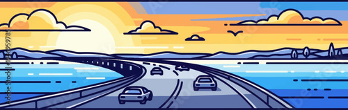 Pixel art sunset over a multi-lane bridge crossing a wide body of water with distant hills and cars