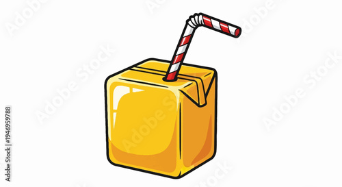 A vibrant yellow juice box with a red and white striped straw inserted, depicted with thick outlines