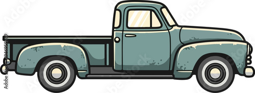 Classic teal-colored pickup truck illustration with a weathered finish and white wall tires, side view