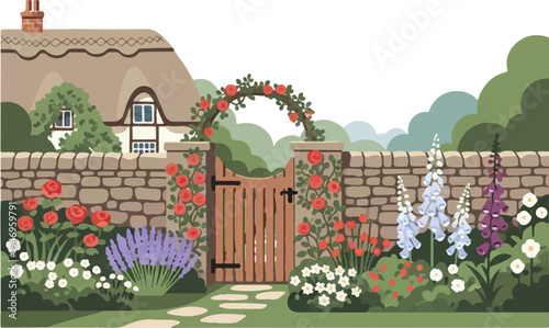 Charming cottage illustration with a thatched roof, stone wall, rose archway, and vibrant garden flowers