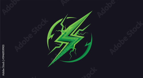 Pixelated green lightning bolt icon with energy lines and a fragmented circle on a dark background