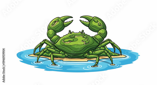 Cartoon green crab with large claws stands on a tiny sand island, surrounded by rippling blue water