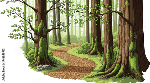 A winding, gravel path leads through a vibrant, lush forest with tall, moss-covered trees and abundant foliage