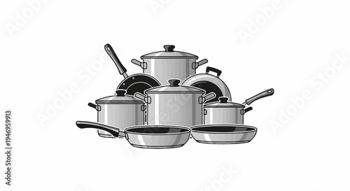 A collection of various kitchen cooking utensils including pots, pans, and lids, in a grayscale illustration
