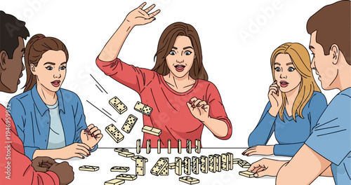 Five friends play dominoes; one accidentally knocks them over, causing a surprising chain reaction